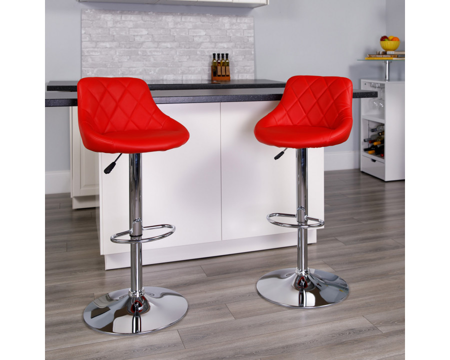 BLNK Dale Contemporary Vinyl Bucket Seat Adjustable Height Bar Stool with Diamond Pattern Back and Chrome Base - Red