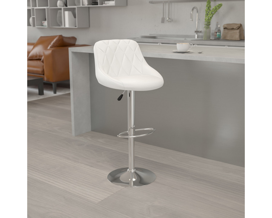 BLNK Dale Contemporary Vinyl Bucket Seat Adjustable Height Bar Stool with Diamond Pattern Back and Chrome Base - White