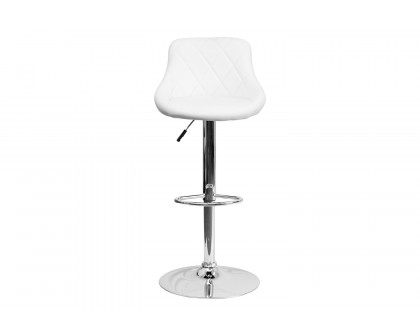 BLNK Dale Contemporary Vinyl Bucket Seat Adjustable Height Bar Stool with Diamond Pattern Back and Chrome Base - White