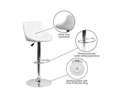 BLNK Dale Contemporary Vinyl Bucket Seat Adjustable Height Bar Stool with Diamond Pattern Back and Chrome Base - White