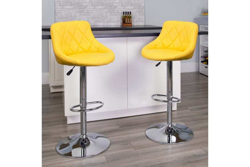 BLNK™ Dale Contemporary Vinyl Bucket Seat Adjustable Height Bar Stool with Diamond Pattern Back and Chrome Base - Yellow