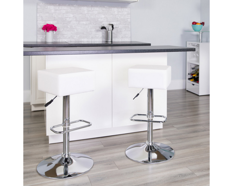 BLNK Farley Vinyl Adjustable Height Bar Stool with Square Seat and Chrome Base - White