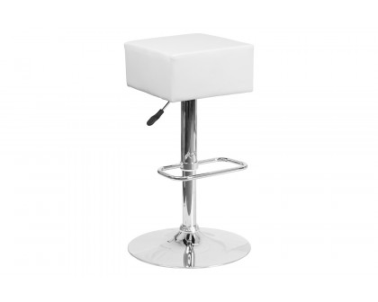 BLNK Farley Vinyl Adjustable Height Bar Stool with Square Seat and Chrome Base - White