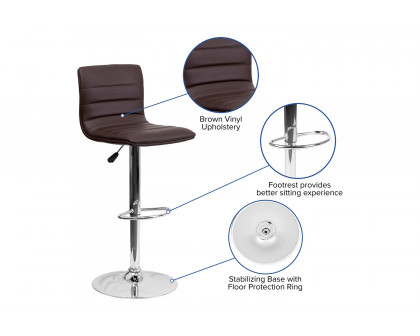 BLNK Vincent Vinyl Adjustable Swivel Bar Stool with Back, Chrome Pedestal Base and Footrest - Brown