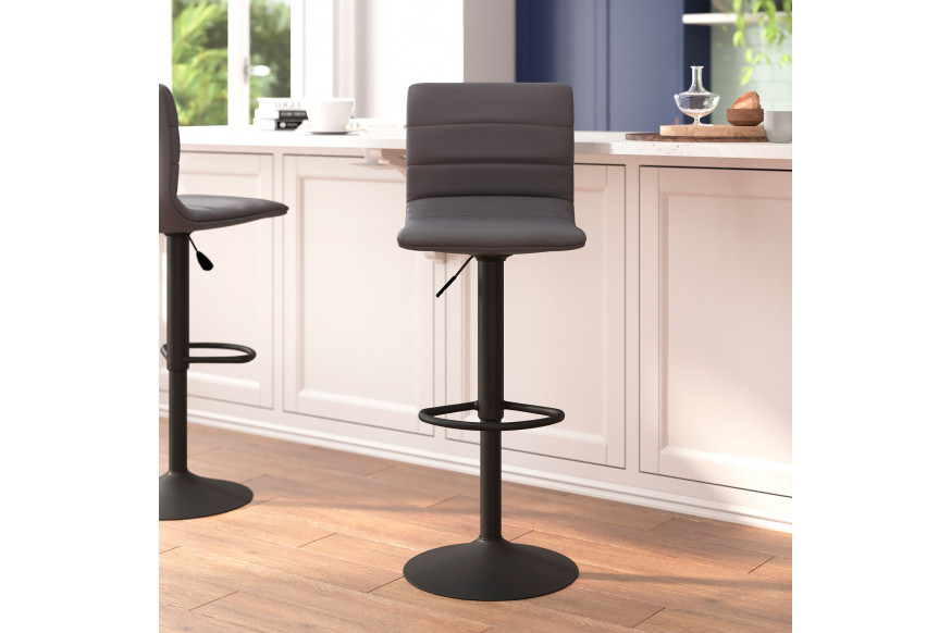 BLNK™ Vincent Vinyl Adjustable Swivel Bar Stool with Back, Black Pedestal Base and Footrest - Gray