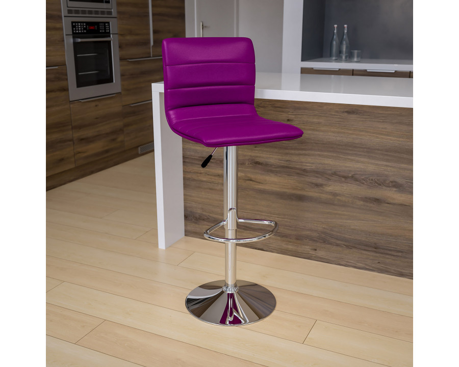 BLNK Vincent Vinyl Adjustable Swivel Bar Stool with Back, Chrome Pedestal Base and Footrest - Purple