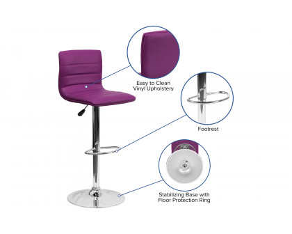 BLNK Vincent Vinyl Adjustable Swivel Bar Stool with Back, Chrome Pedestal Base and Footrest - Purple