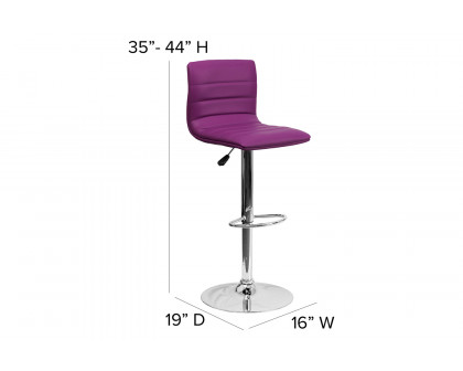 BLNK Vincent Vinyl Adjustable Swivel Bar Stool with Back, Chrome Pedestal Base and Footrest - Purple