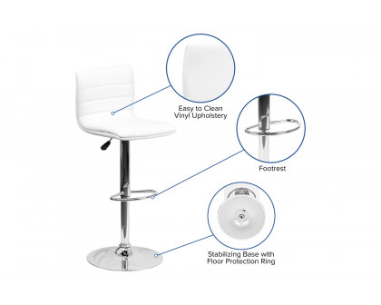 BLNK Vincent Vinyl Adjustable Swivel Bar Stool with Back, Chrome Pedestal Base and Footrest - White