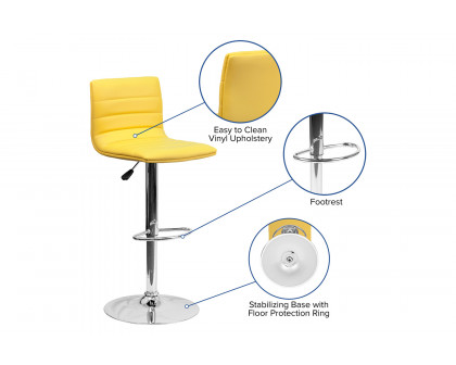 BLNK Vincent Vinyl Adjustable Swivel Bar Stool with Back, Chrome Pedestal Base and Footrest - Yellow