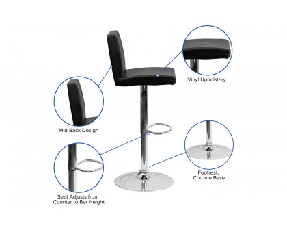 BLNK Betty Vinyl Adjustable Height Bar Stool with Panel Back and Chrome Base - Black