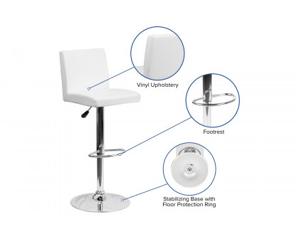 BLNK Betty Vinyl Adjustable Height Bar Stool with Panel Back and Chrome Base - White