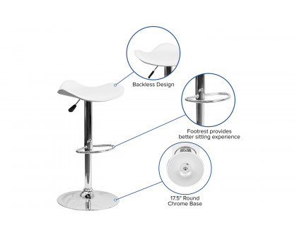 BLNK Caleb Vinyl Adjustable Height Bar Stool with Wavy Seat and Chrome Base - White