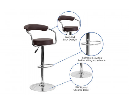 BLNK™ Cruz Vinyl Adjustable Height Bar Stool with Arms and Chrome Base - Brown