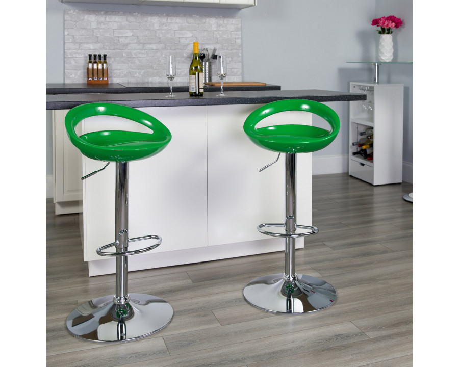 BLNK Dash Plastic Adjustable Height Bar Stool with Rounded Cutout Back and Chrome Base - Green