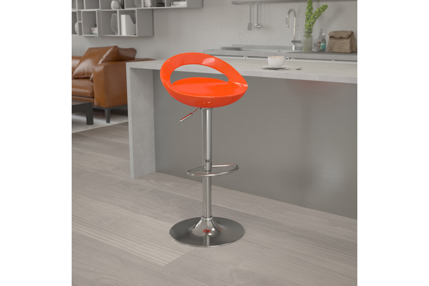 BLNK™ Dash Plastic Adjustable Height Bar Stool with Rounded Cutout Back and Chrome Base - Orange