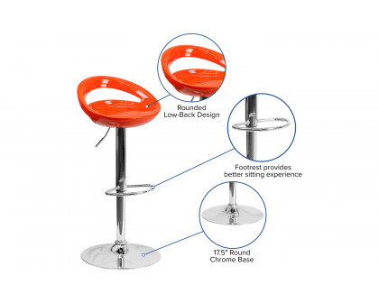 BLNK™ Dash Plastic Adjustable Height Bar Stool with Rounded Cutout Back and Chrome Base - Orange