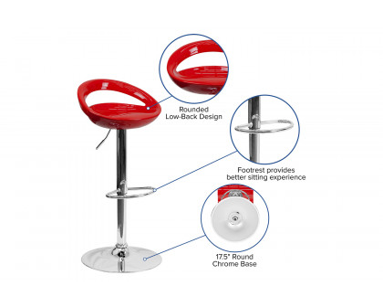 BLNK™ Dash Plastic Adjustable Height Bar Stool with Rounded Cutout Back and Chrome Base - Red