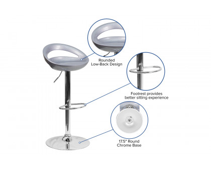 BLNK Dash Plastic Adjustable Height Bar Stool with Rounded Cutout Back and Chrome Base - Silver