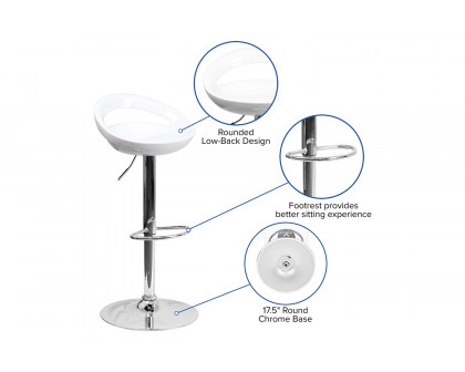 BLNK Dash Plastic Adjustable Height Bar Stool with Rounded Cutout Back and Chrome Base - White