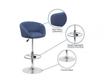 BLNK Luis Fabric Adjustable Height Bar Stool with Barrel Back and Chrome Base - Blue