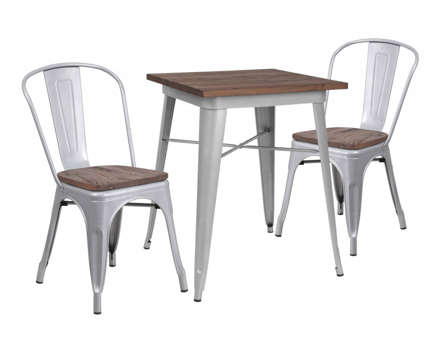 BLNK Bailey Square Metal Table Set with Wood Top and 2 Stack Chairs