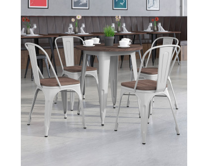 BLNK Bailey Round Metal Table Set with Wood Top and 4 Stack Chairs