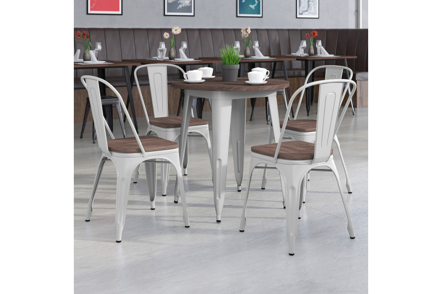 BLNK™ Bailey Round Metal Table Set with Wood Top and 4 Stack Chairs - Silver