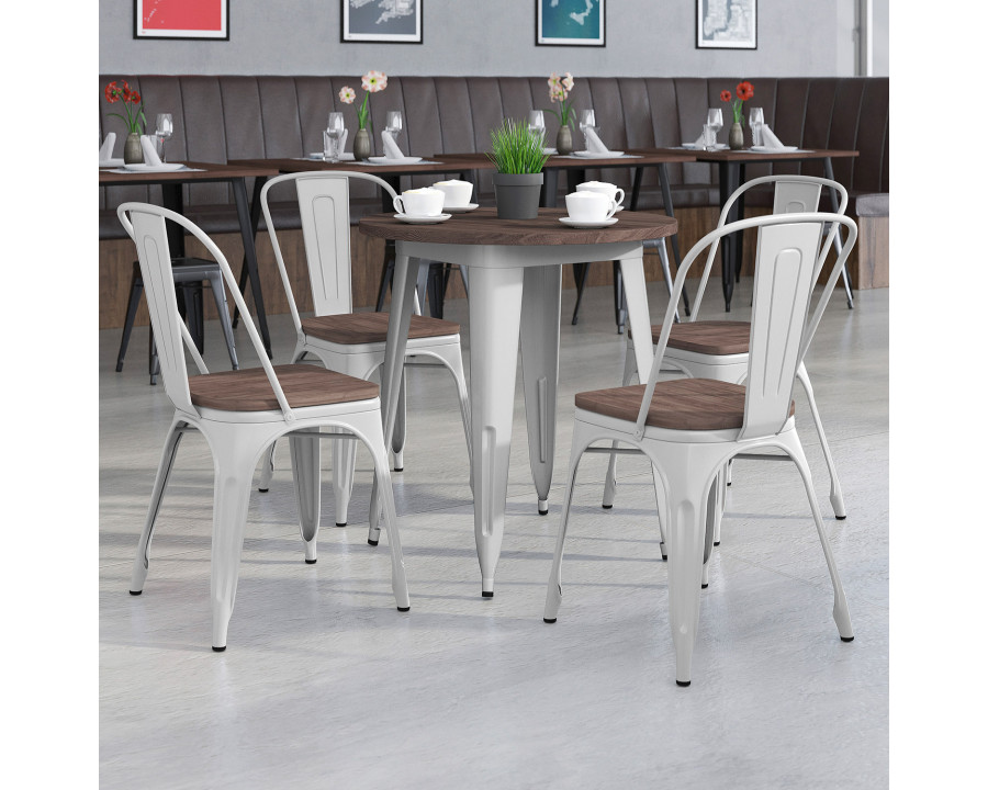 BLNK Bailey Round Metal Table Set with Wood Top and 4 Stack Chairs - Silver