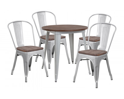 BLNK™ Bailey Round Metal Table Set with Wood Top and 4 Stack Chairs - Silver