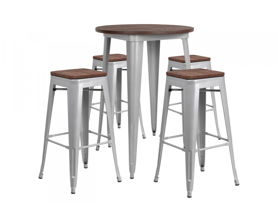 BLNK Bailey Round Metal Bar Table Set with Wood Top and 4 Backless Stools