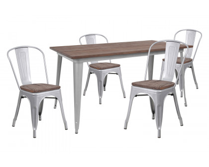 BLNK Bailey Metal Table Set with Wood Top and 4 Stack Chairs