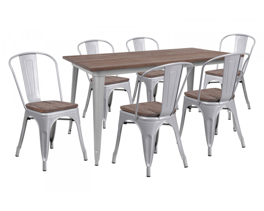 BLNK Bailey Metal Table Set with Wood Top and 6 Stack Chairs