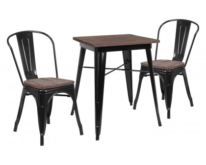 BLNK Bailey Square Metal Table Set with Wood Top and 2 Stack Chairs