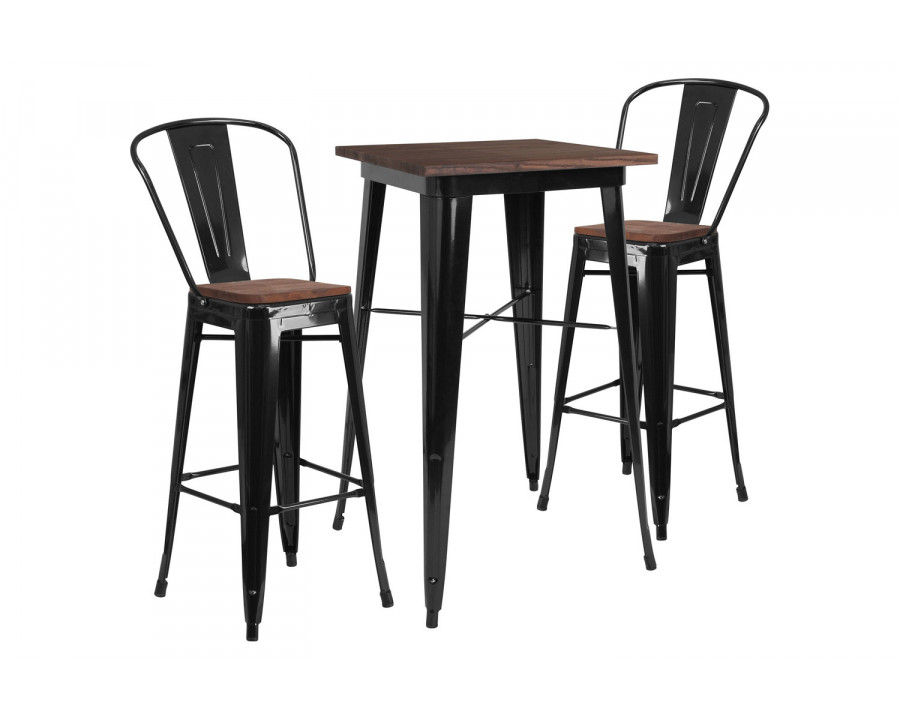 BLNK Bailey Square Metal Bar Table Set with Wood Top and 2 Stools