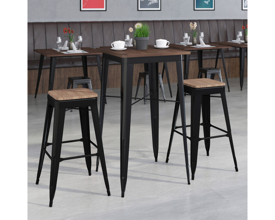 BLNK Bailey Square Metal Bar Table Set with Wood Top and 2 Backless Stools