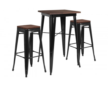 BLNK Bailey Square Metal Bar Table Set with Wood Top and 2 Backless Stools