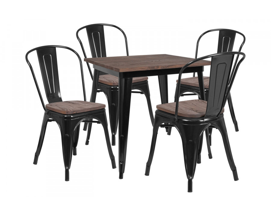 BLNK Bailey Square Metal Table Set with Wood Top and 4 Stack Chairs