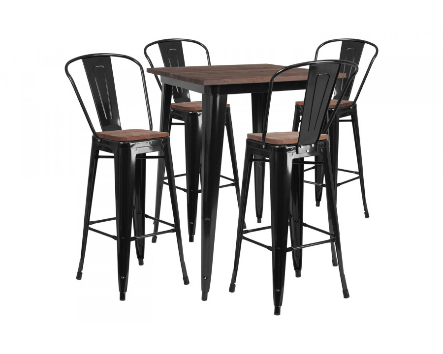 BLNK Bailey Square Metal Bar Table Set with Wood Top and 4 Stools