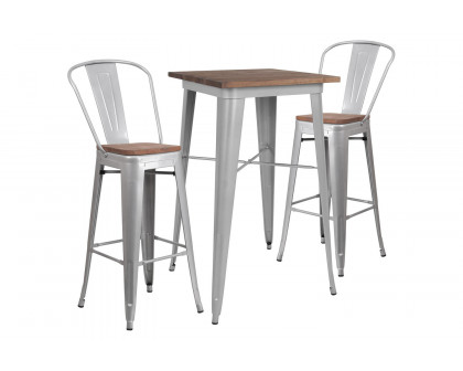 BLNK Bailey Square Metal Bar Table Set with Wood Top and 2 Stools