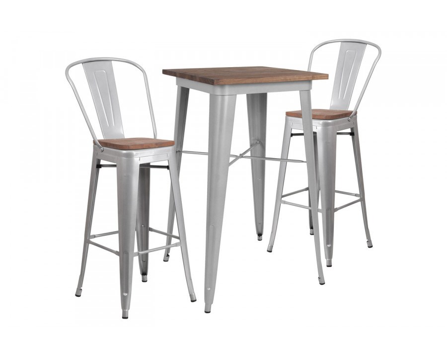 BLNK Bailey Square Metal Bar Table Set with Wood Top and 2 Stools - Silver