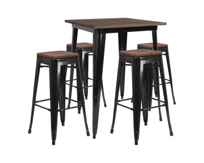 BLNK Bailey Square Metal Bar Table Set with Wood Top and 4 Backless Stools