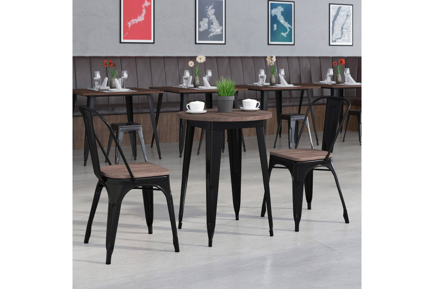 BLNK™ Bailey Round Metal Table Set with Wood Top and 2 Stack Chairs - Black