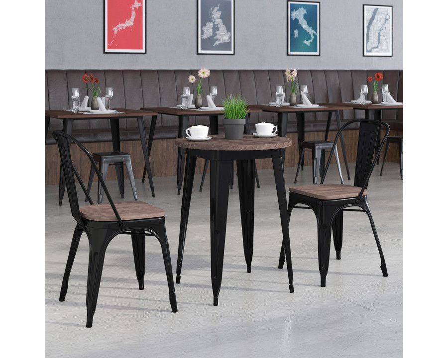 BLNK Bailey Round Metal Table Set with Wood Top and 2 Stack Chairs