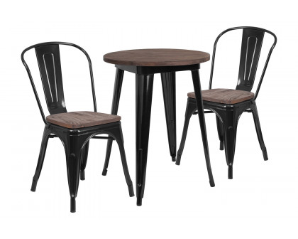 BLNK™ Bailey Round Metal Table Set with Wood Top and 2 Stack Chairs - Black