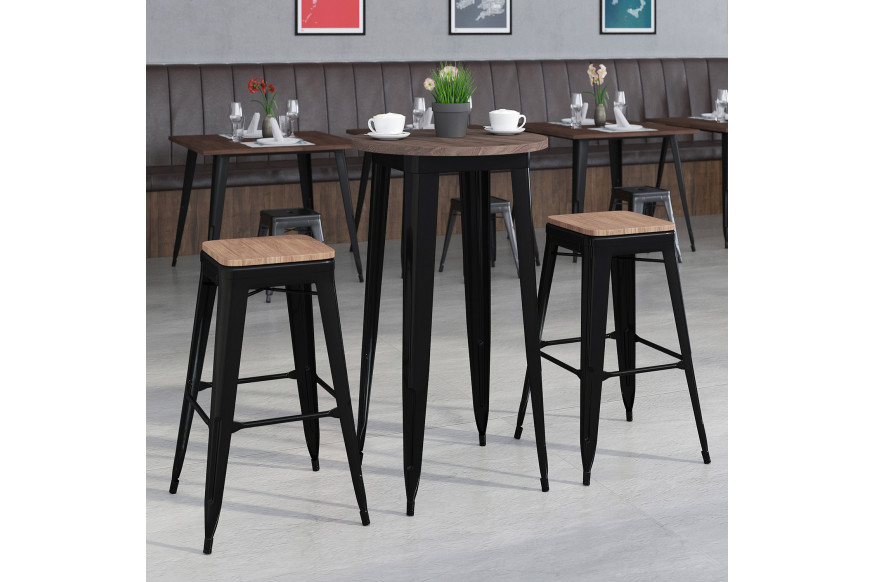 BLNK™ - Bailey Round Metal Bar Table Set with Wood Top and 2 Backless Stools