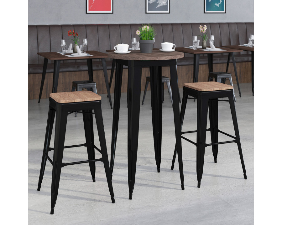 BLNK - Bailey Round Metal Bar Table Set with Wood Top and 2 Backless Stools