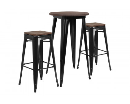 BLNK™ - Bailey Round Metal Bar Table Set with Wood Top and 2 Backless Stools