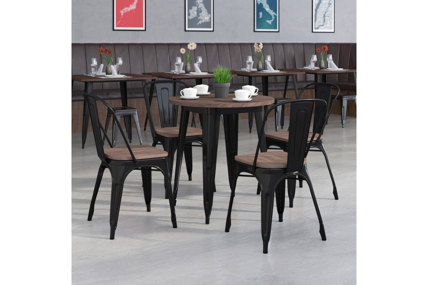 BLNK™ Bailey Round Metal Table Set with Wood Top and 4 Stack Chairs - Black