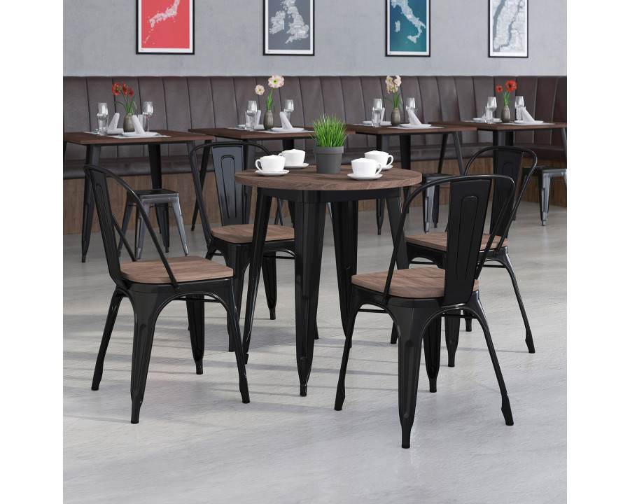 BLNK Bailey Round Metal Table Set with Wood Top and 4 Stack Chairs